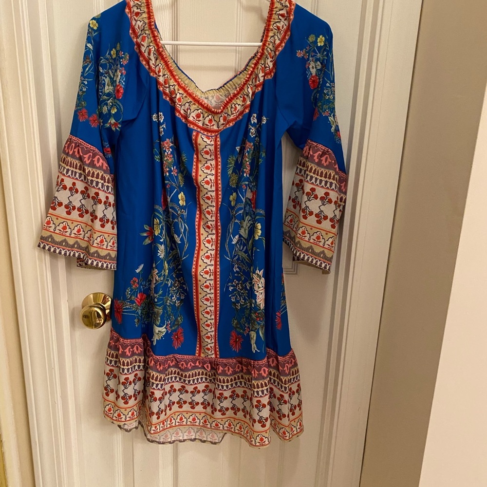 NWT Umgee Blue Off Shoulder Babydoll Floral Mini Dress Tassels bell sleeves Boho - Picture 2 of 13